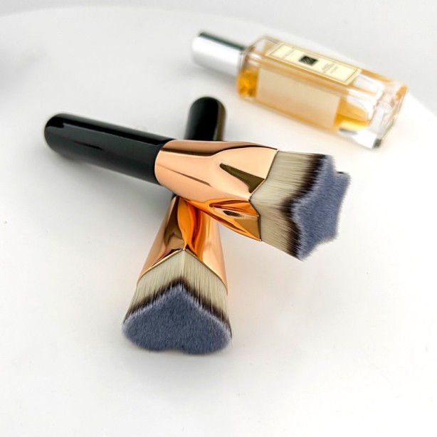 Flawless Flat Head Star Heart Foundation Brush Large Glossy Black Wood Handle Synthetic Bristles