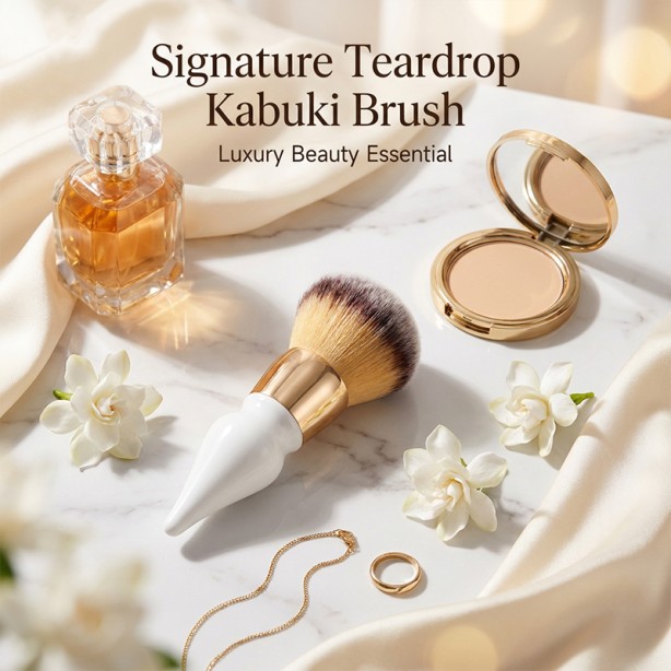 Single Kabuki Makeup Brush with Teardrop Handle, Vegan Synthetic Powder Blush Brush