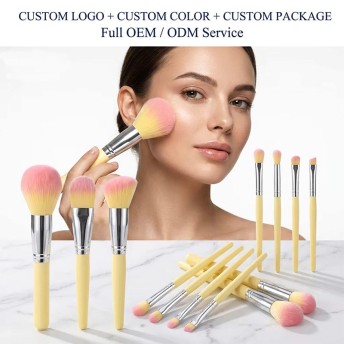 Professional 10pcs Makeup Brush Set Light Yellow Synthetic Hair Wood Handle Fan Powder Brush