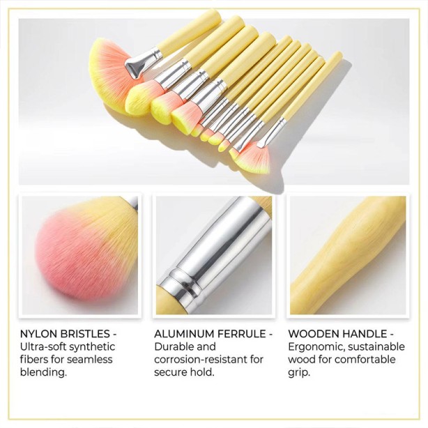 Professional 10pcs Makeup Brush Set Light Yellow Synthetic Hair Wood Handle Fan Powder Brush